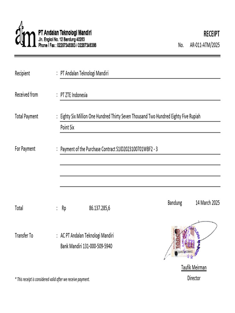 Receipt for Payment to PT Andalan Teknologi | PDF