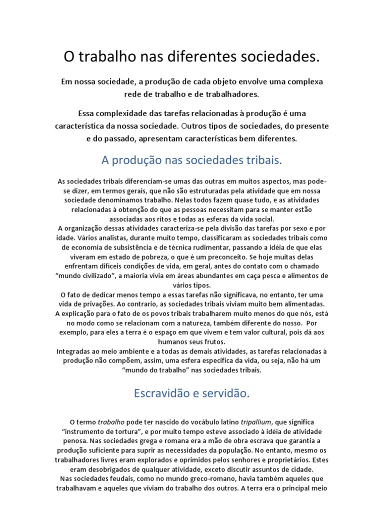 O Trabalho Nas Diferentes Sociedades | PDF | Sociedade | Feudalismo