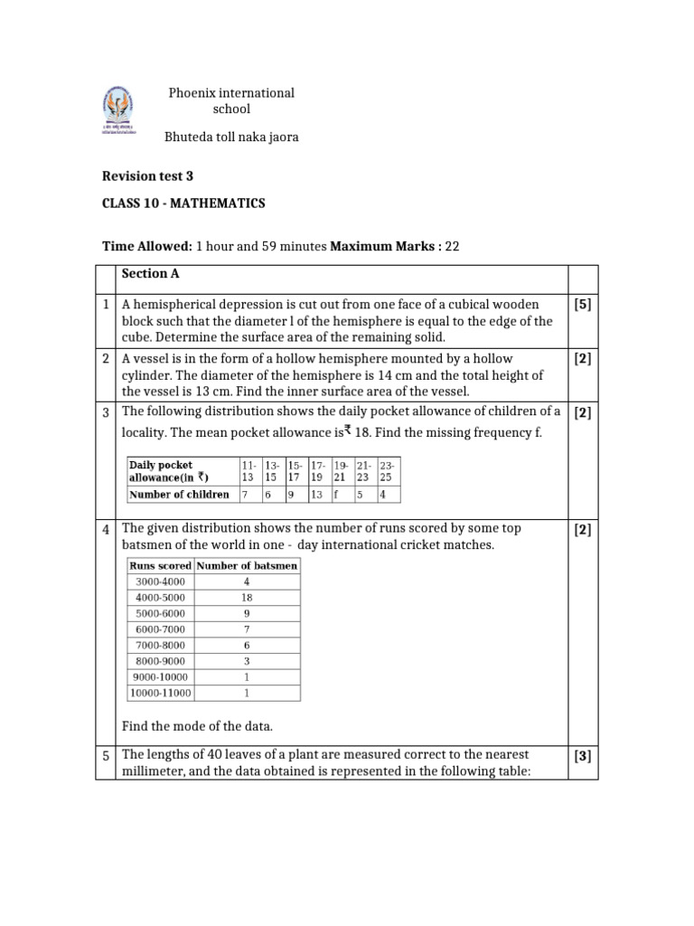 Class 10 Mathematics Revision Test | PDF | Sphere | Area