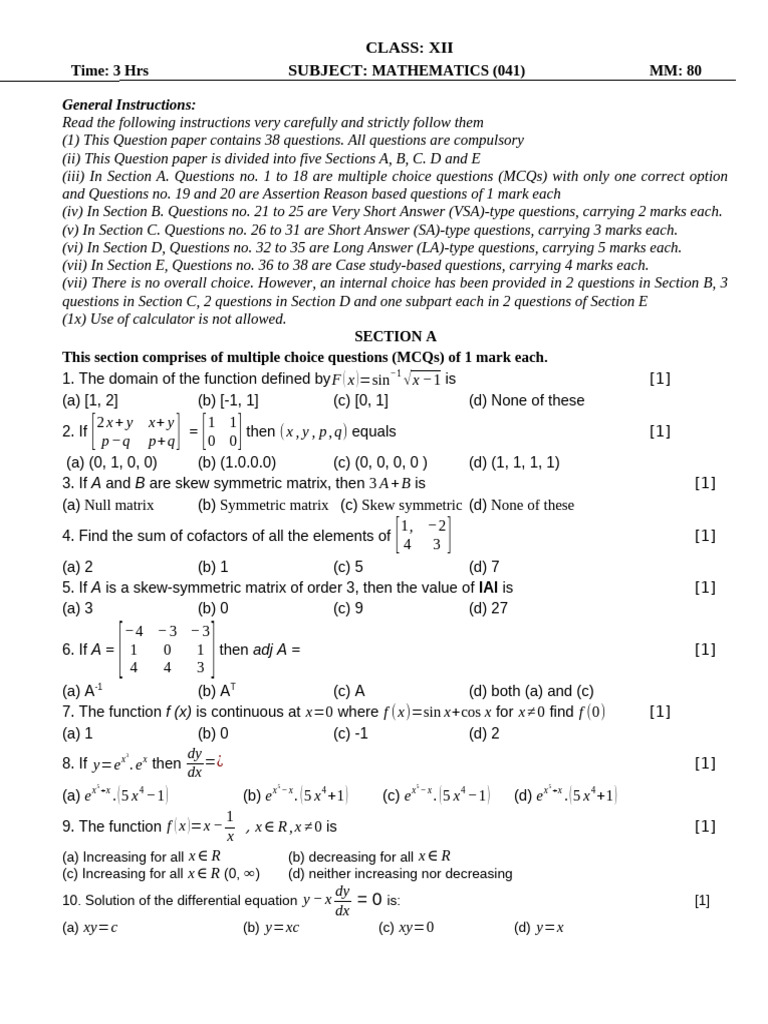 Class XII Mathematics Question Paper | PDF | Function (Mathematics ...