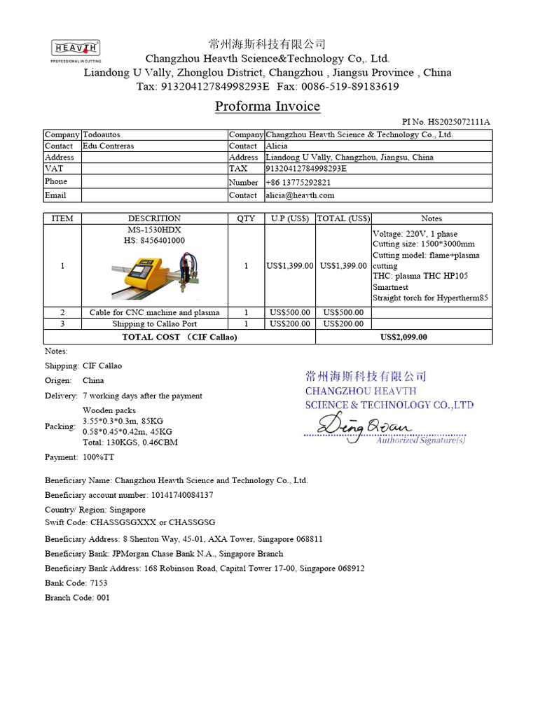 Proforma Invoice for CNC Machine Purchase | PDF