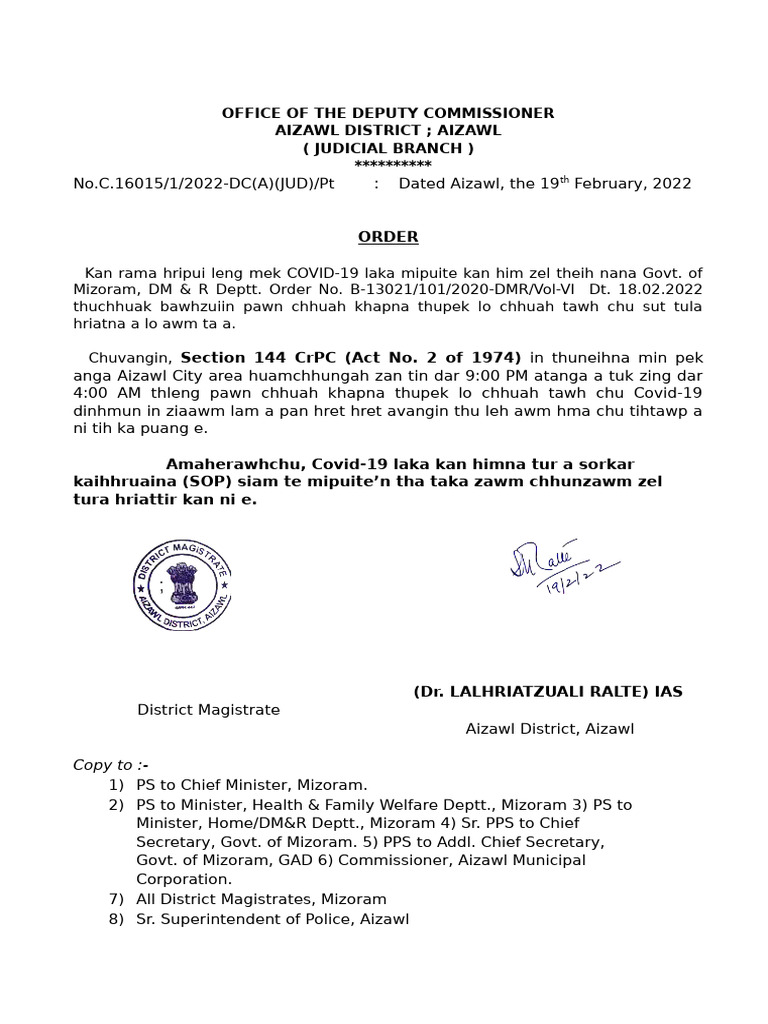 Aizawl District COVID-19 Order 2022 | PDF