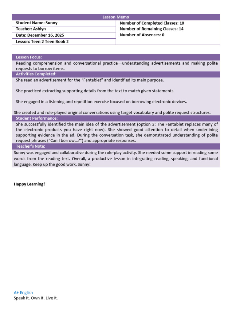 A+ English Lesson Memo for Sunny | PDF