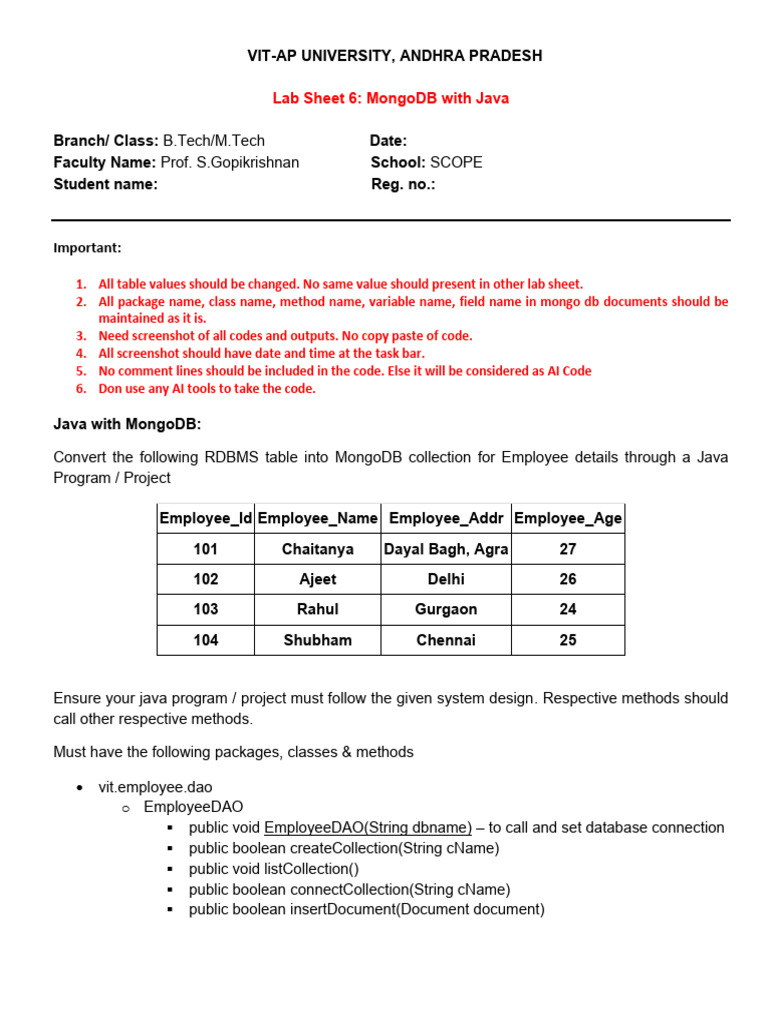 MongoDB Java Lab Sheet for Students | PDF | Object Oriented Programming ...