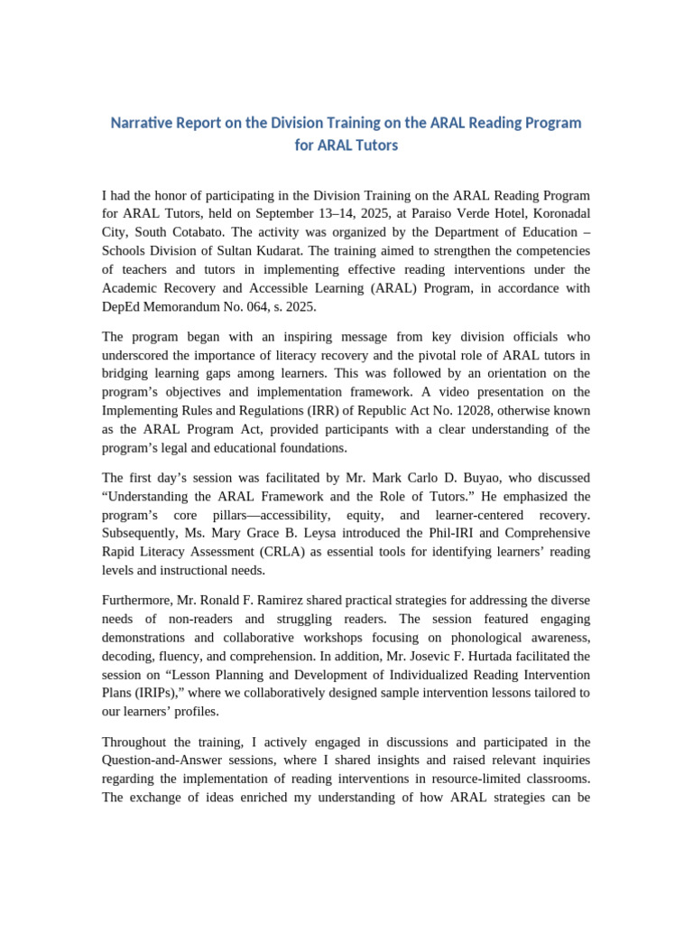 Narrative Report ARAL Reading Training | PDF | Literacy | Learning Methods