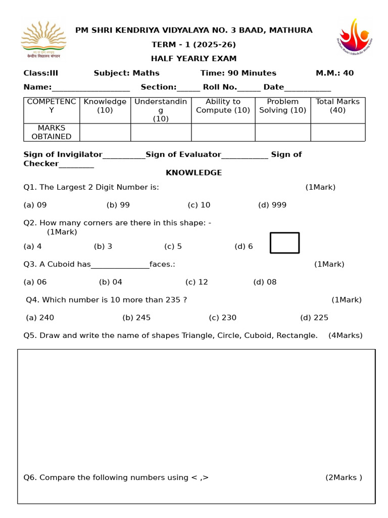 Class 3 Midterm Maths 2025-26 | PDF | Geometry | Geometric Shapes