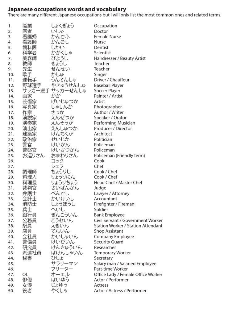 Common Japanese Occupation Vocabulary | PDF
