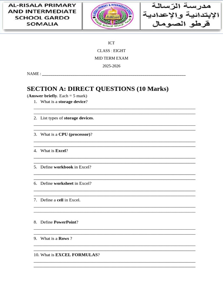 ICT Class 8 Mid Term Exam 2025-2026 | PDF | Microsoft Excel | Computer ...