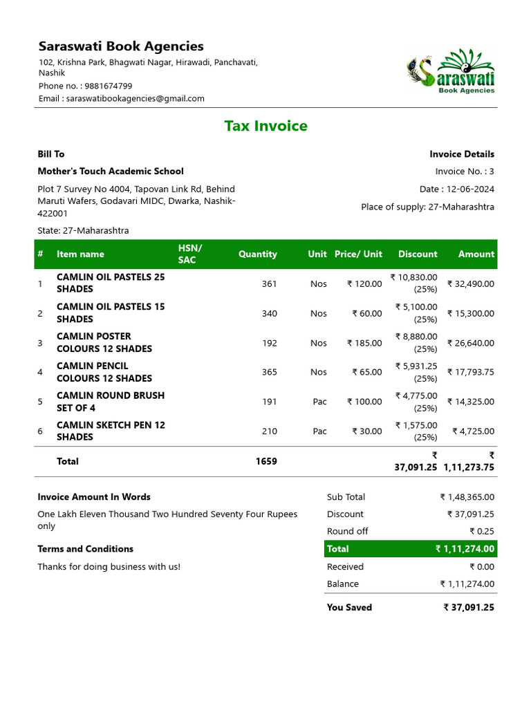 Invoice for Mother's Touch School Supplies | PDF | Economy Of Asia | Rupee