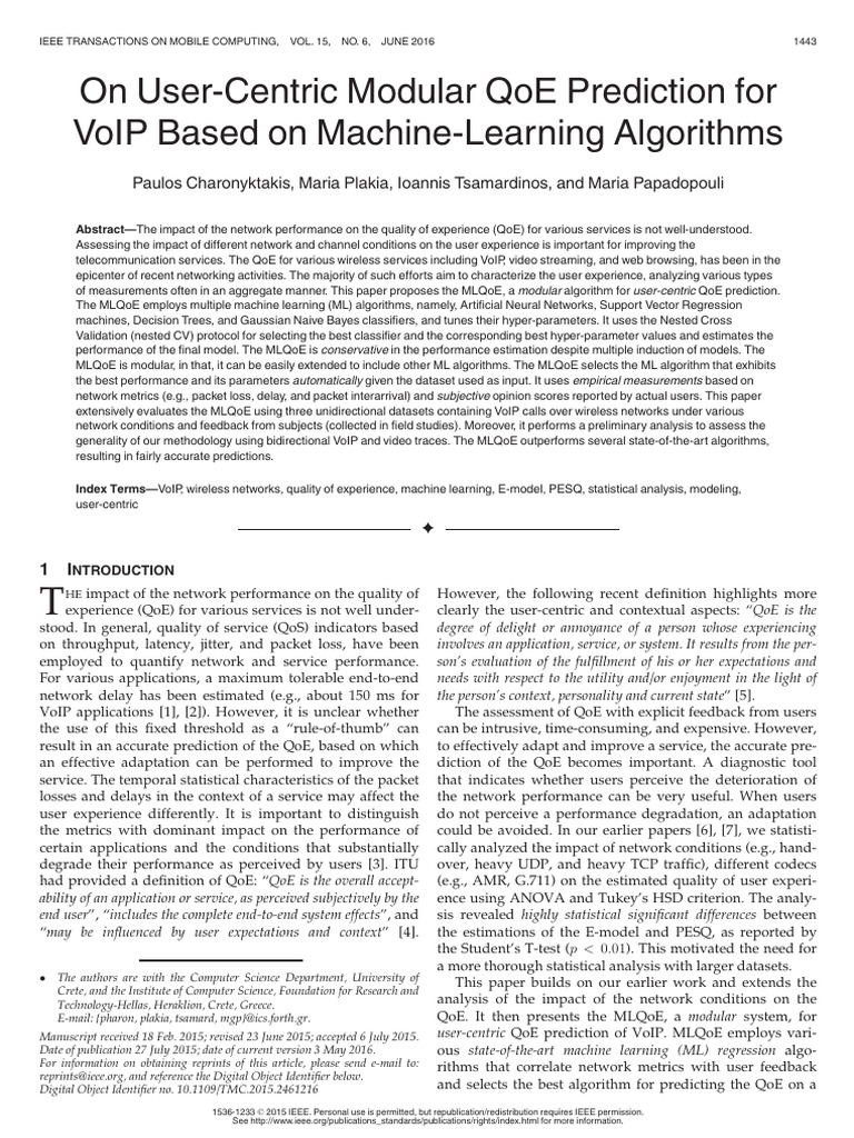 User-Centric QoE Prediction for VoIP | PDF | Support Vector Machine ...