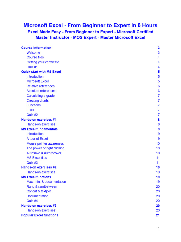 Microsoft+Excel+ +From+Beginner+to+Expert+in+6+Hours+ +Course+Outline ...