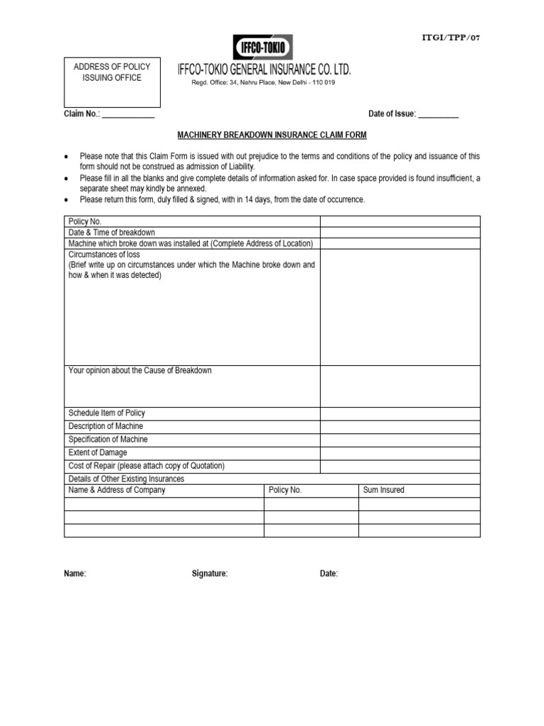 Machinery Breakdown Insurance Claim Form | PDF