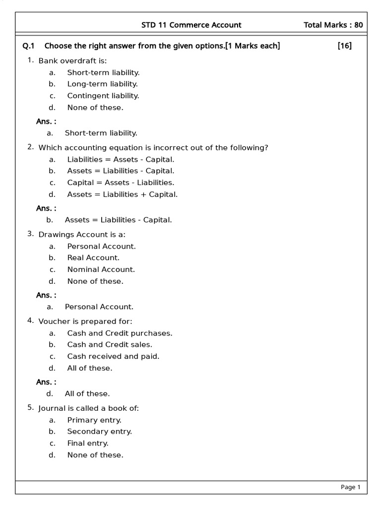 11th Grade Commerce Accounting Quiz | PDF | Debits And Credits ...