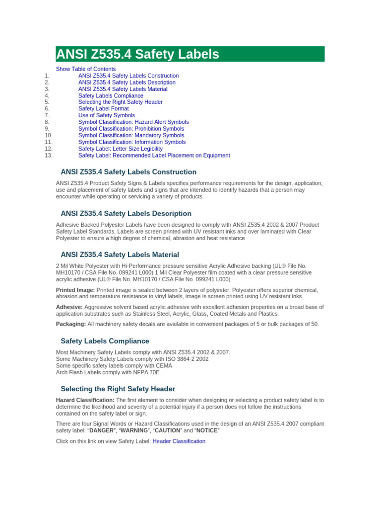 ANSI Z535.4 Safety Labels Guide | PDF