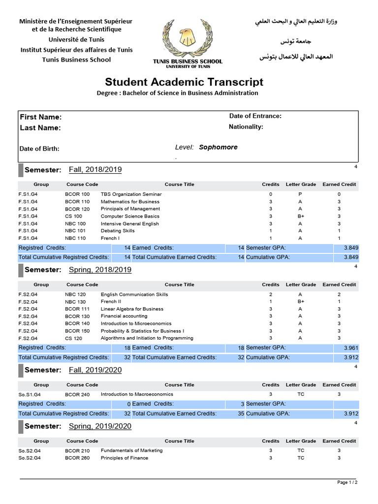 Tunis Business School Transcript Summary | PDF | Mathematics