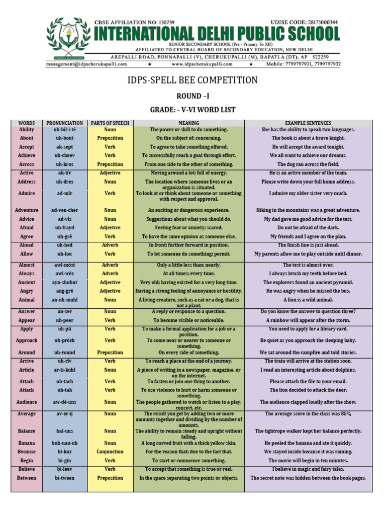 IDPS Spell Bee Word List for Grades V-VI | PDF | Adjective | Verb