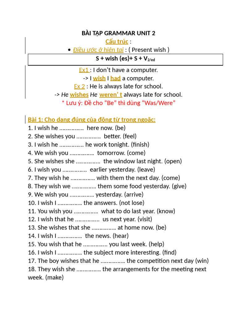 Bài Tập Grammar Unit 2 | PDF