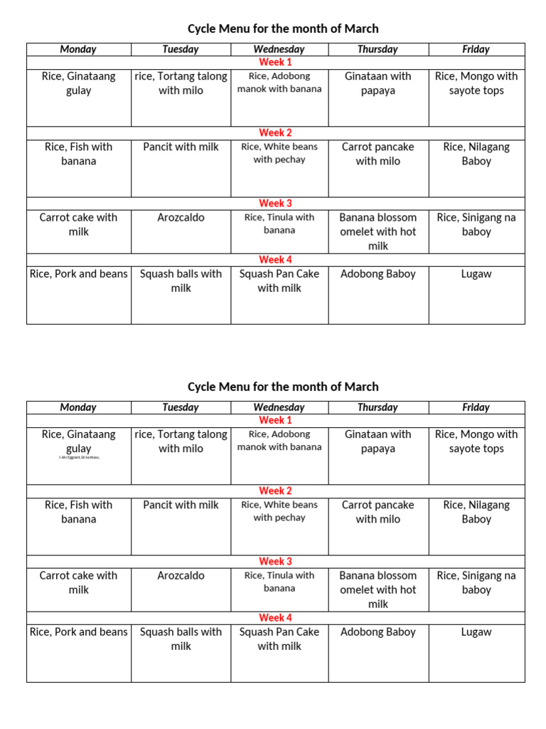 March Cycle Menu Plan | PDF | Prepared Foods | Food And Drink