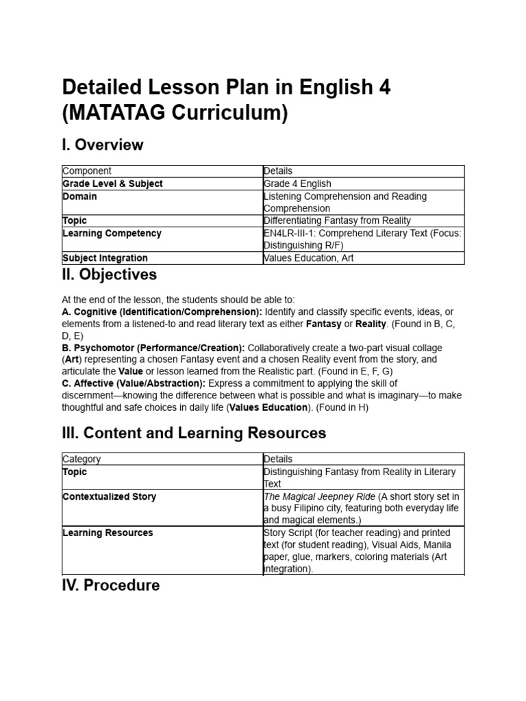 Lesson Plan: Fantasy vs. Reality in Grade 4 | PDF | Reading ...