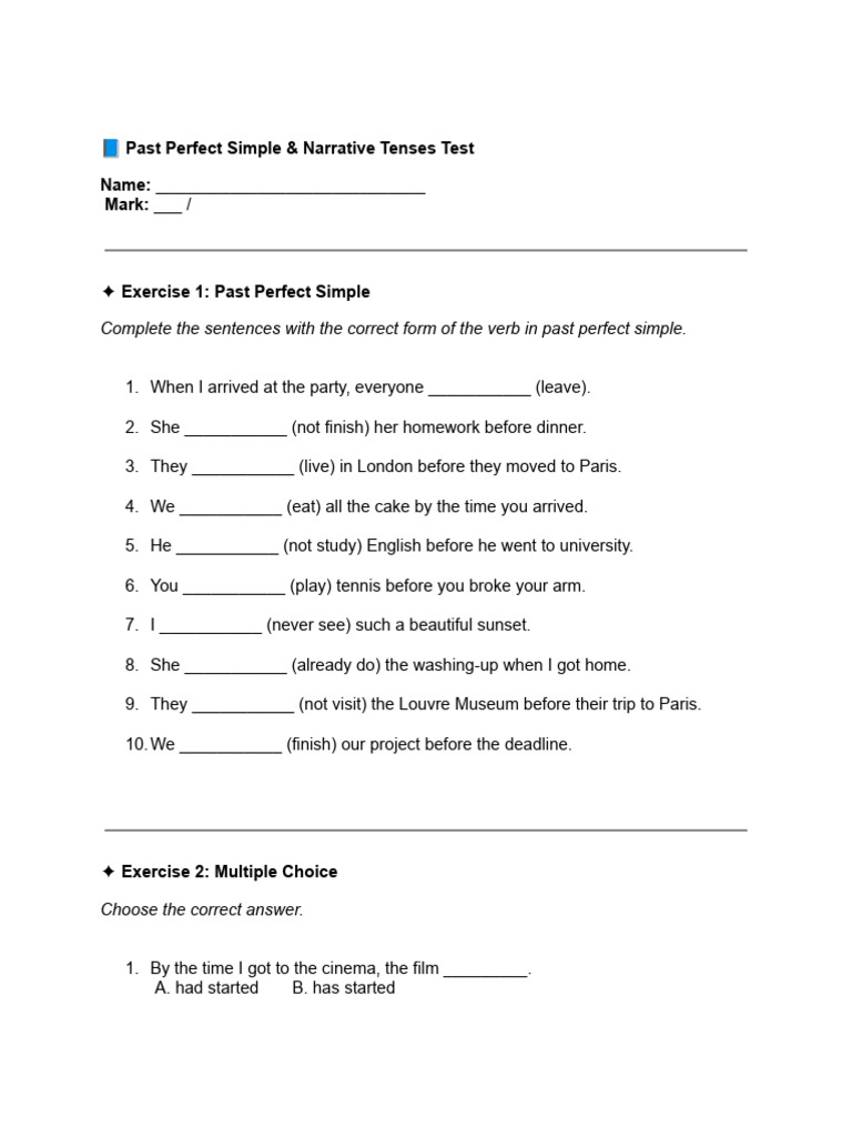 Past Perfect Simple & Narrative Tenses Test | PDF | Syntax | Linguistics