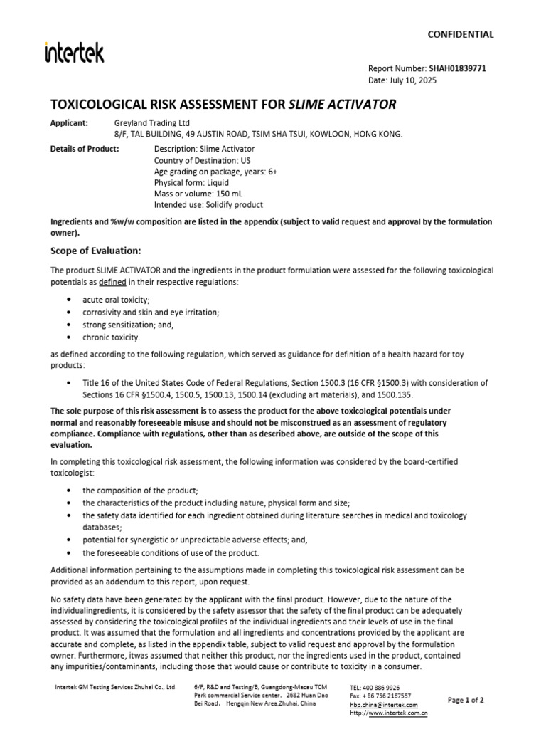 Toxicological Assessment of Slime Activator | PDF | Toxicology | Toxicity