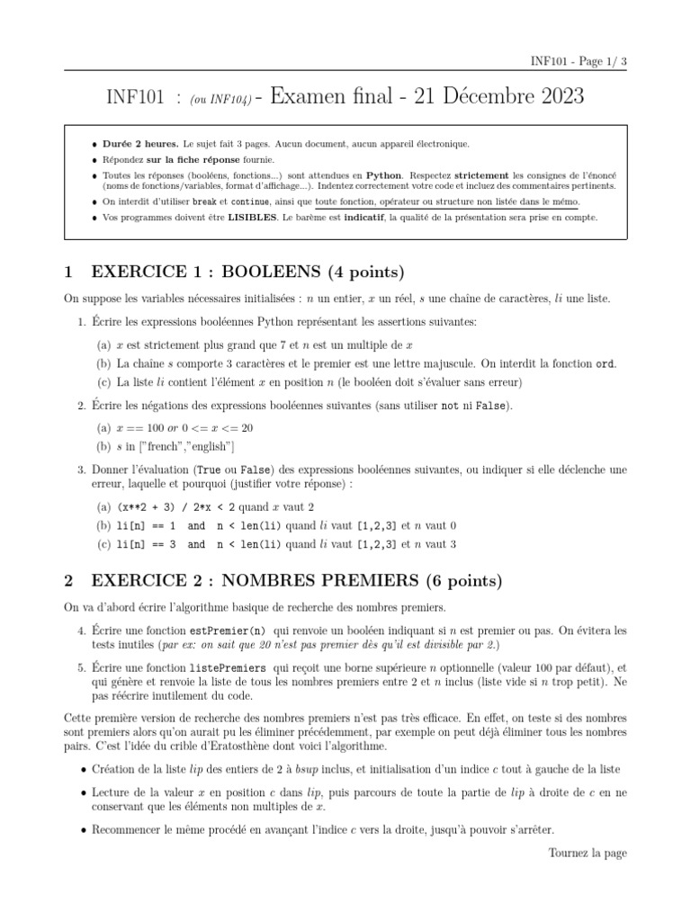 Examen final INF101 - Python 2023 | PDF | Booléen | Programmation ...