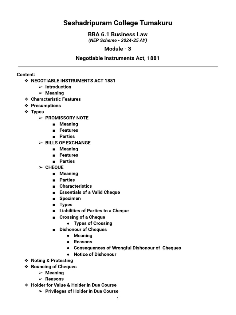 Negotiable Instruments Act Overview | PDF | Cheque | Negotiable Instrument