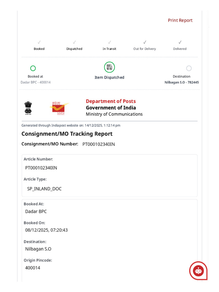 India Post Consignment Tracking Report | PDF