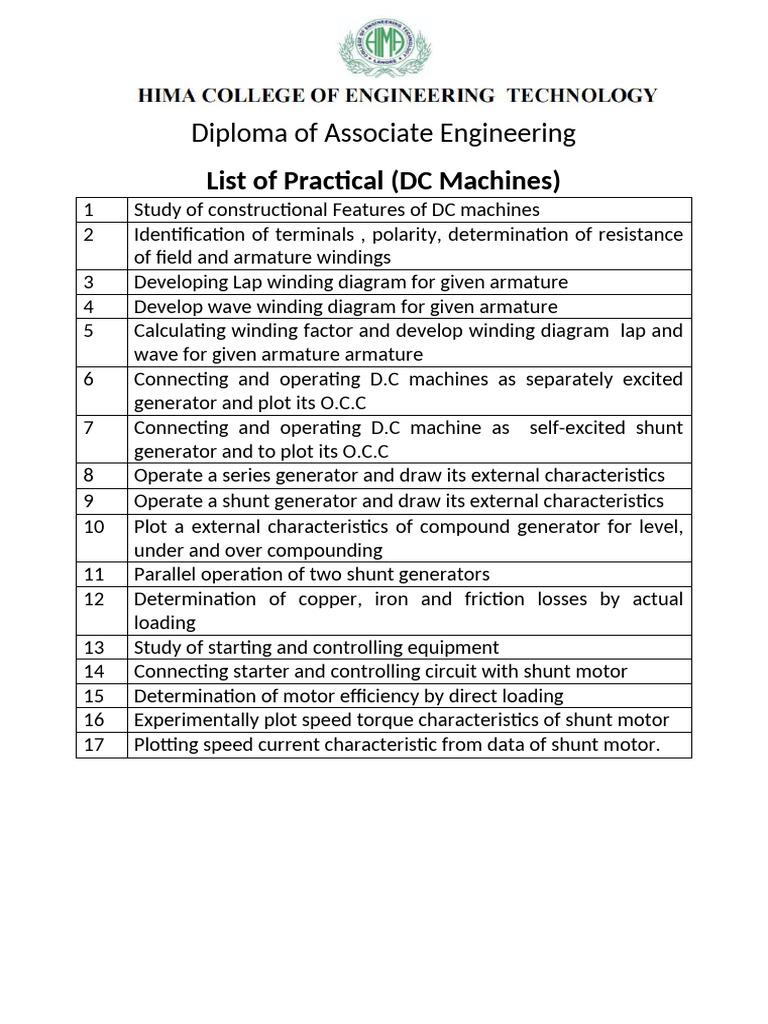 List of Practical DC Machine Lab | PDF