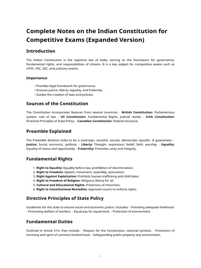 Notes On Indian Constitution For Competitive Exams | PDF | Human Rights ...