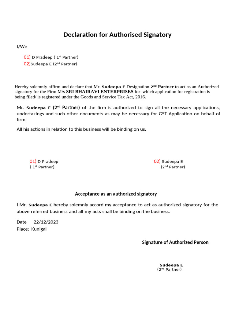 Authorized Signatory Declaration for GST | PDF