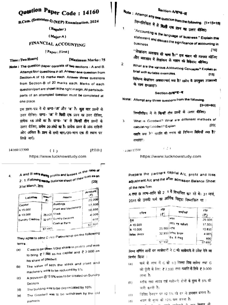 Bcom 1 Sem Financial Accounting 14160 2024 | PDF