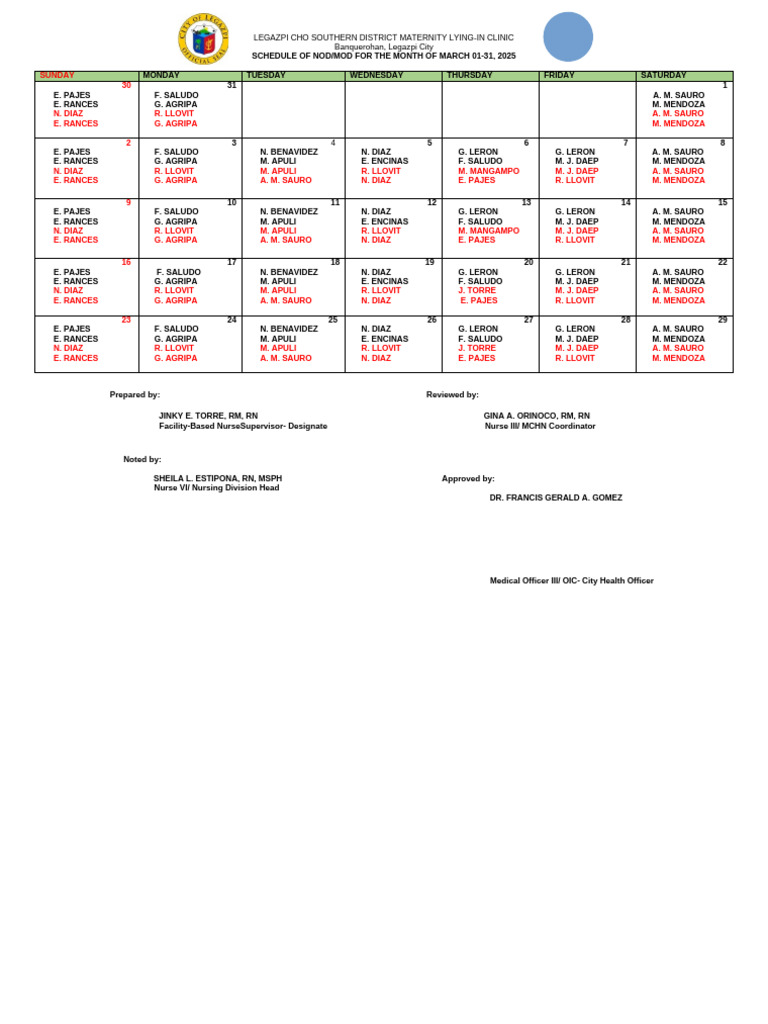 Schedule of Nod and Mod March 2025 | PDF