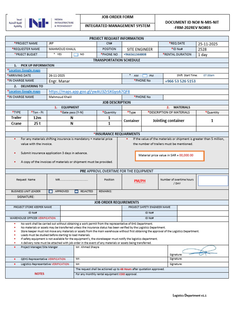 Job Order Form for Logistics Management | PDF | Business