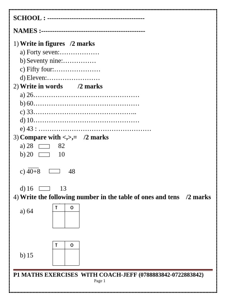 P1 Maths Exercises for Students | PDF