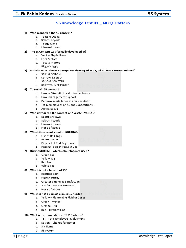 5S System Knowledge Test Paper | PDF