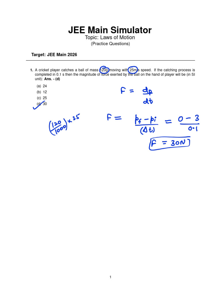 JEE Main 2026 Laws of Motion Practice | PDF | Force | Acceleration