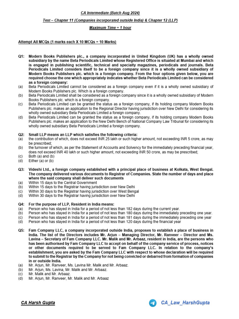CA Intermediate (Batch Aug 2024) Test - Chapter 11 (Companies ...