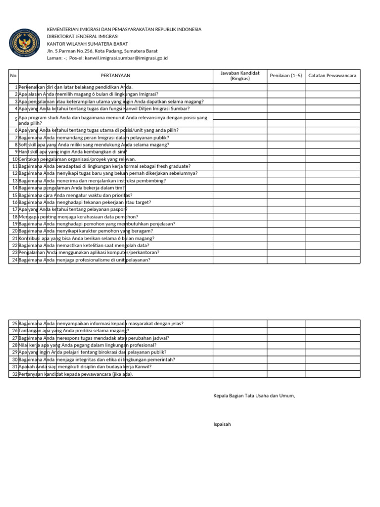 Form Interview Magang Kkanwil Ditjenim Sumbar | PDF
