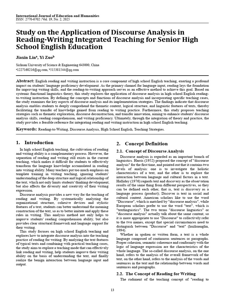 Discourse Analysis in High School English | PDF | Reading Comprehension ...