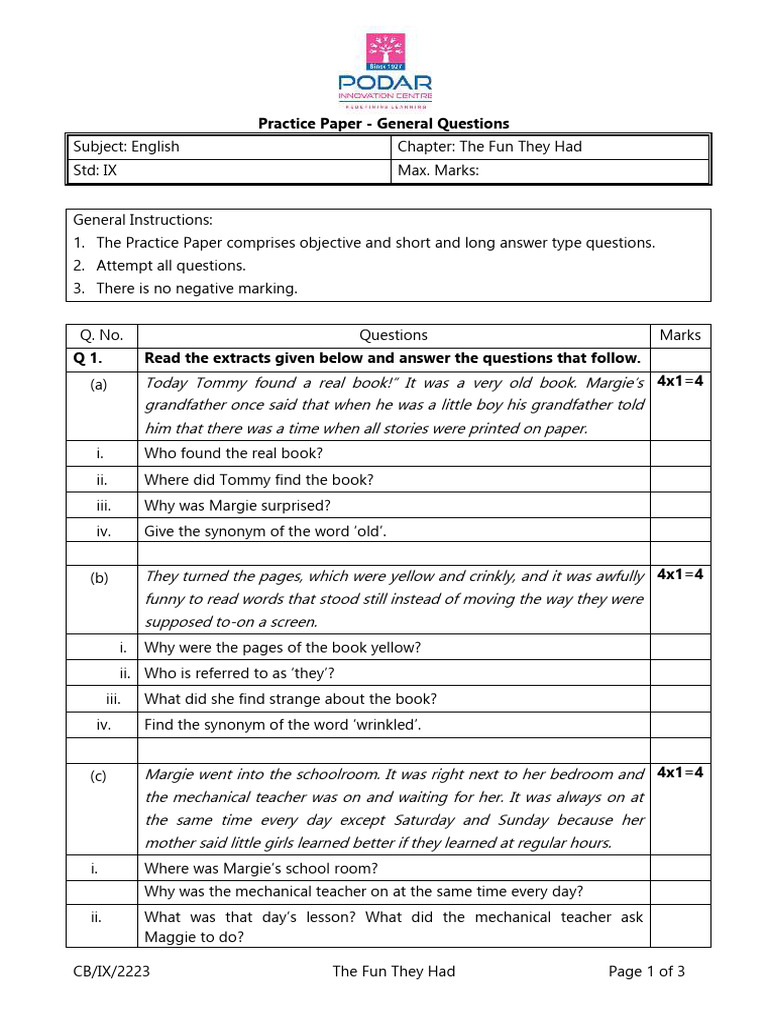 Practice Paper on "The Fun They Had" | PDF