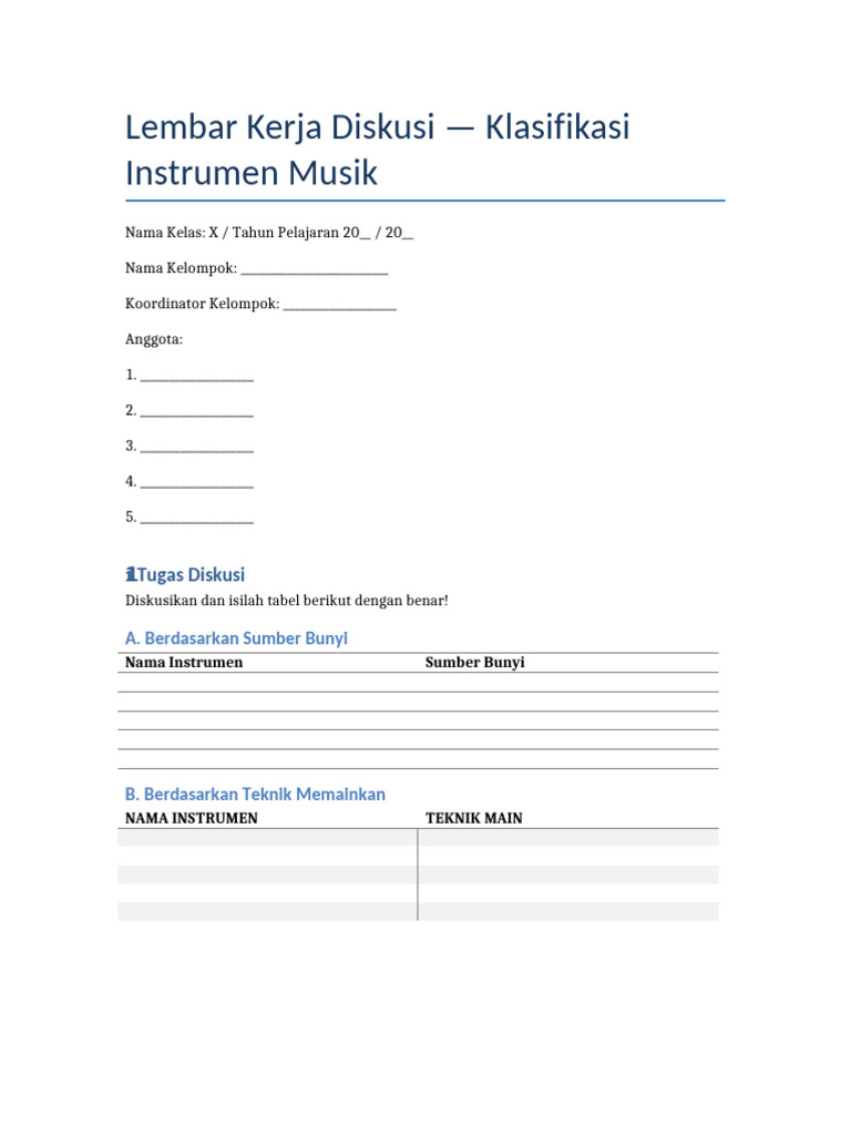 Lembar Kerja Klasifikasi Instrumen Musik | PDF