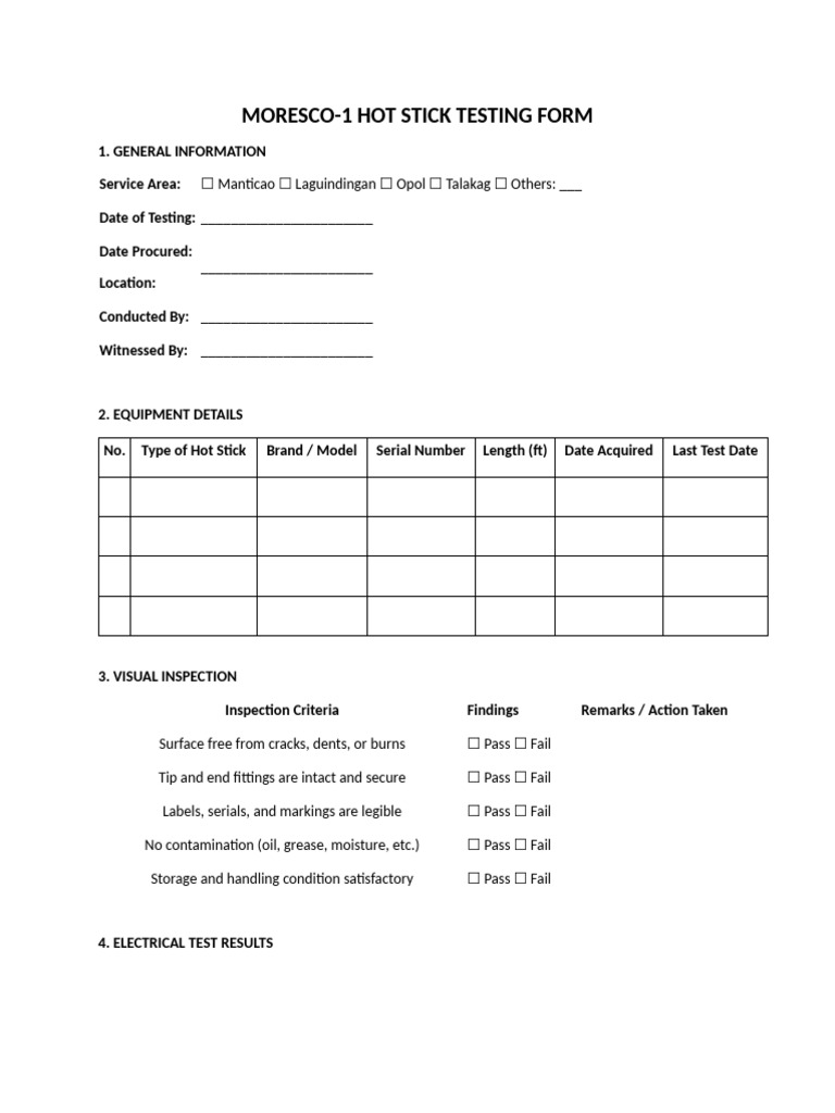 Hot Stick Testing Form Template | PDF