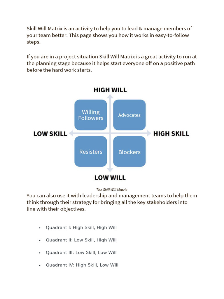Optimize Team Performance with Skill Will Matrix | PDF