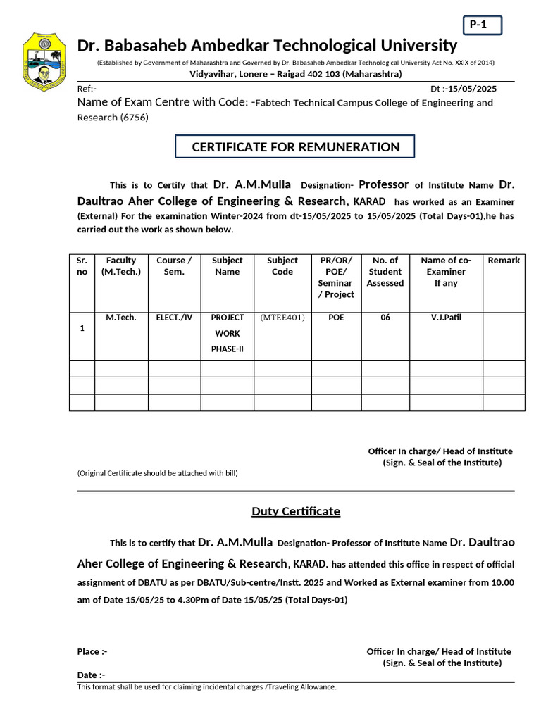 DBATU External Examiner Certificates | PDF