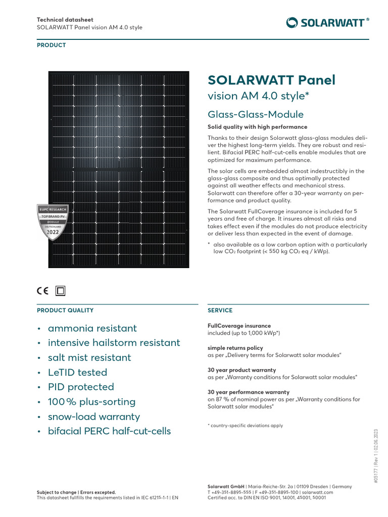 Solarwatt Glass-Glass Module Datasheet | PDF | Sustainable Energy ...