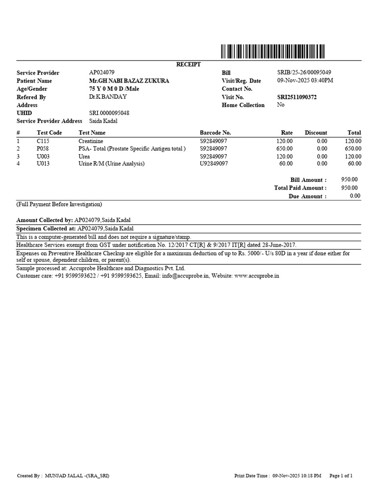 Patient Bill Receipt for Lab Tests | PDF | Prostate Specific Antigen