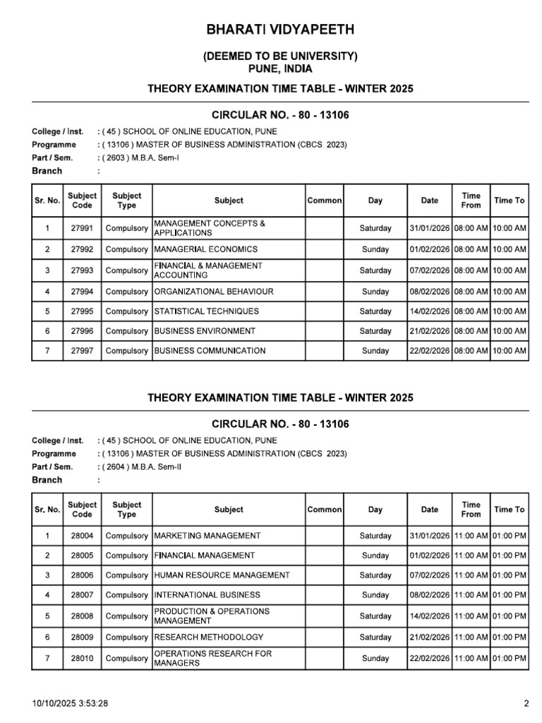 MBA 13106 CBCS 2023 Timetable Winter 2025 Exam | PDF