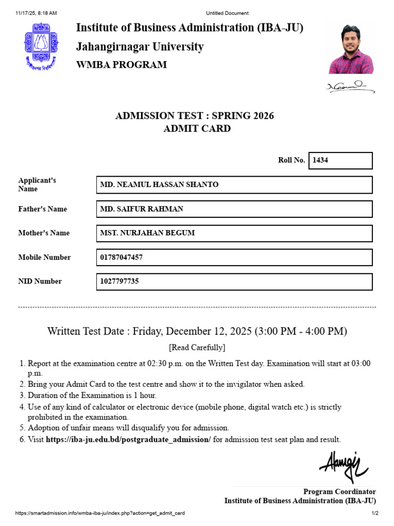IBA-JU WMBA Admission Test Admit Card | PDF