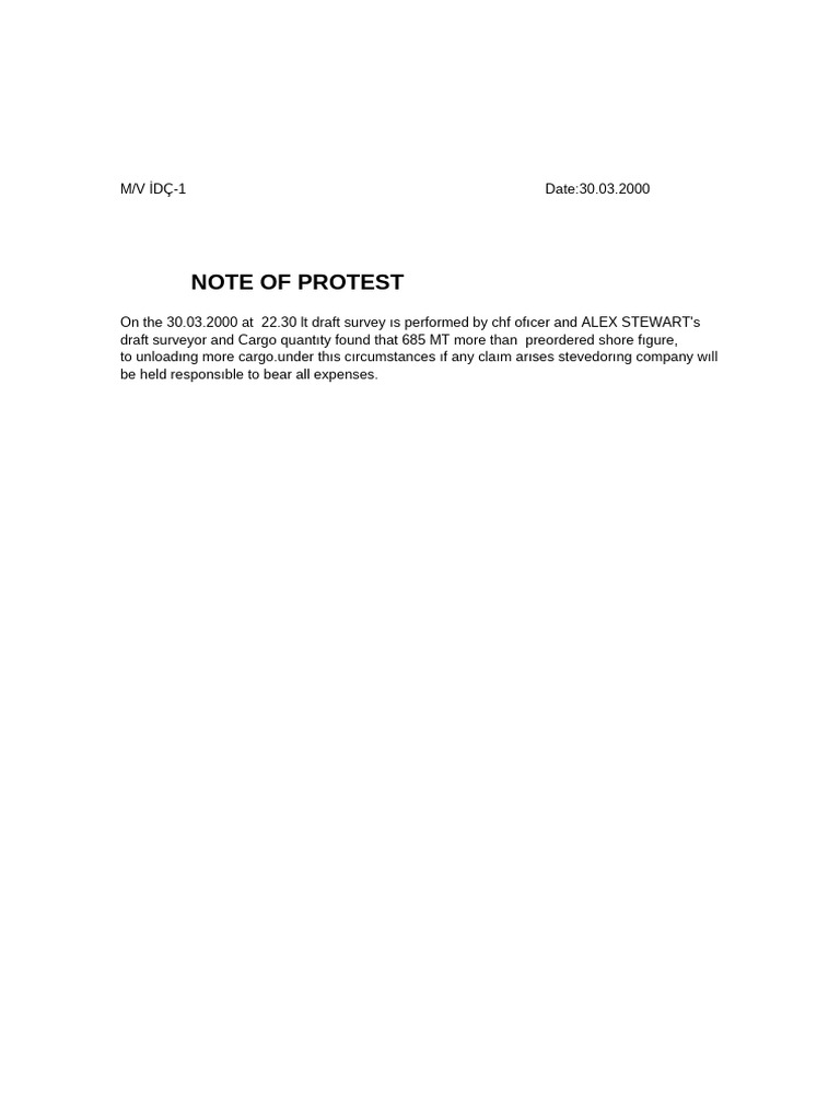 M/V İDÇ-1 Draft Survey Protest Note | PDF